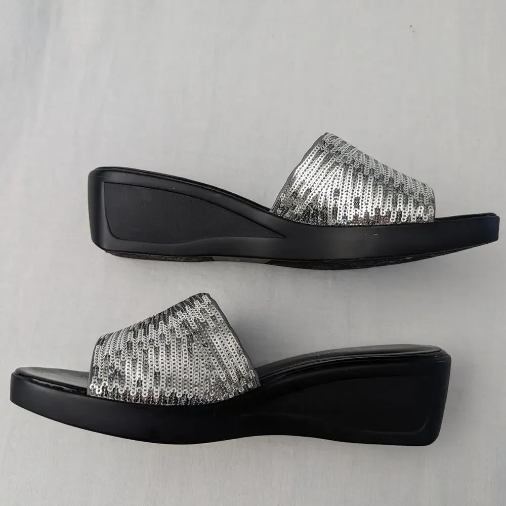 Nina Platform Sandals Size 8 Sequin Silver Metallic Y2K Chunky Sole Party Date